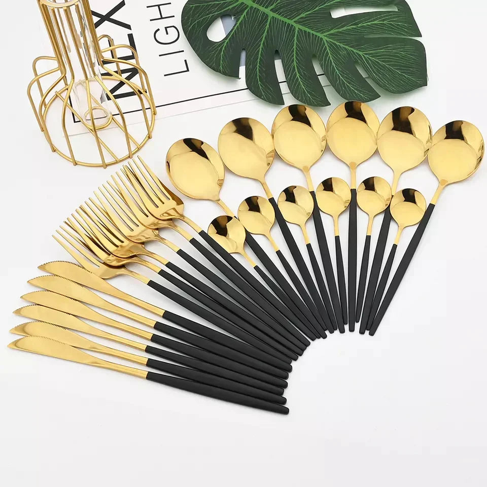 Black/Golden 24 PCs Premium Steel Cutlery Set