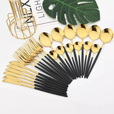 Black/Golden 24 PCs Premium Steel Cutlery Set