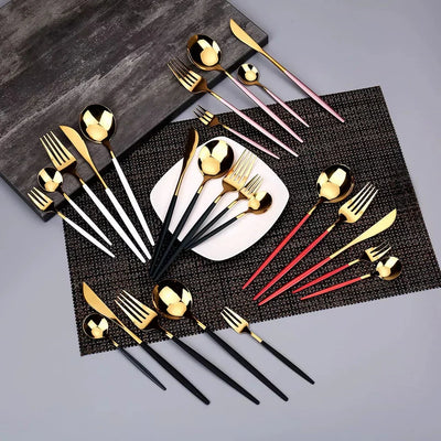 Black/Golden 24 PCs Premium Steel Cutlery Set