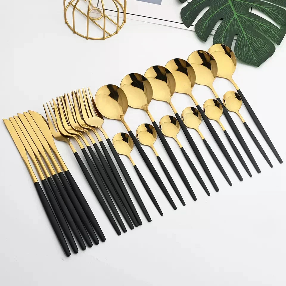 Black/Golden 24 PCs Premium Steel Cutlery Set