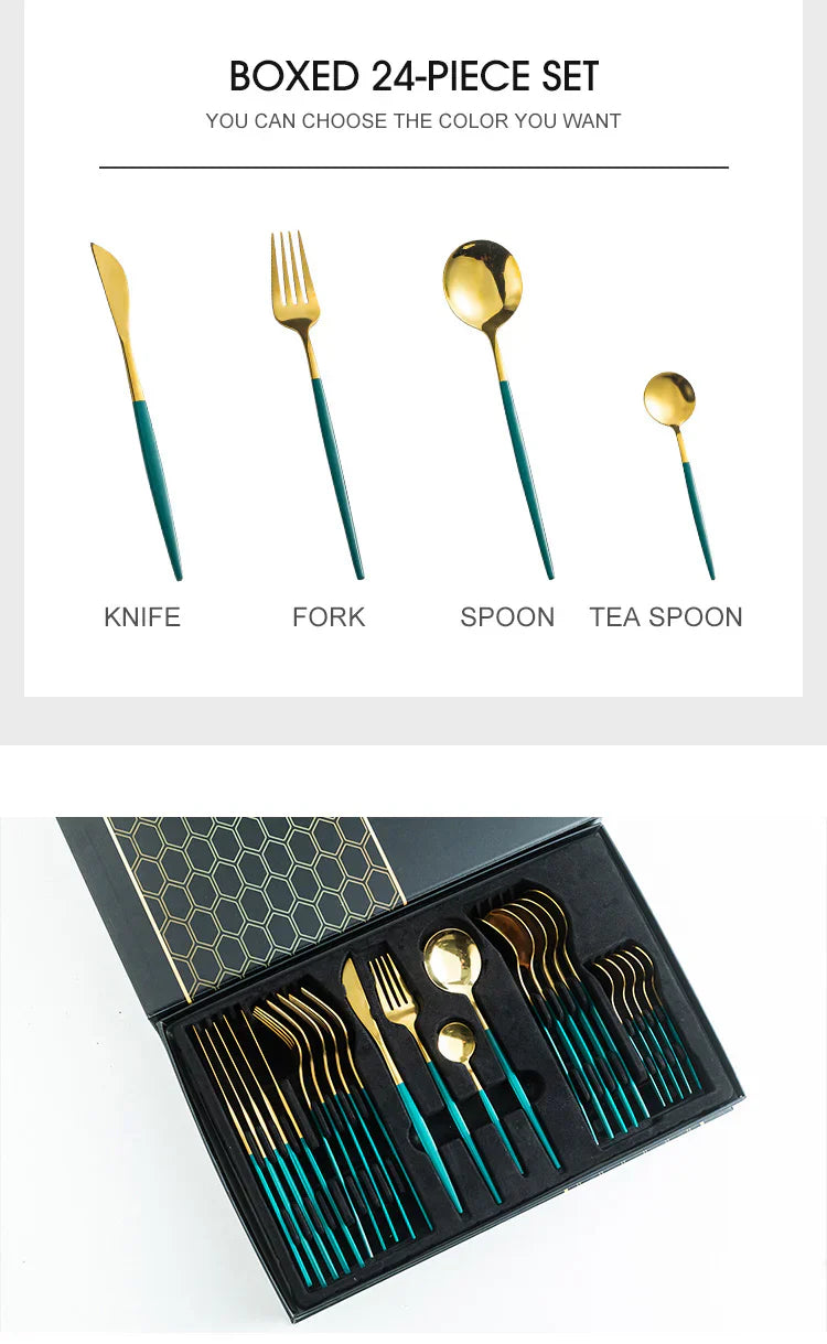 Green/Golden -24 PCs Premium Steel Cutlery Set