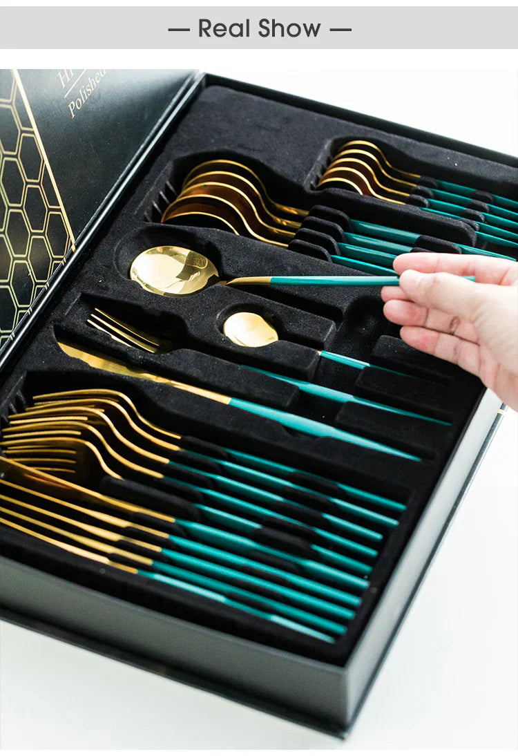Green/Golden -24 PCs Premium Steel Cutlery Set