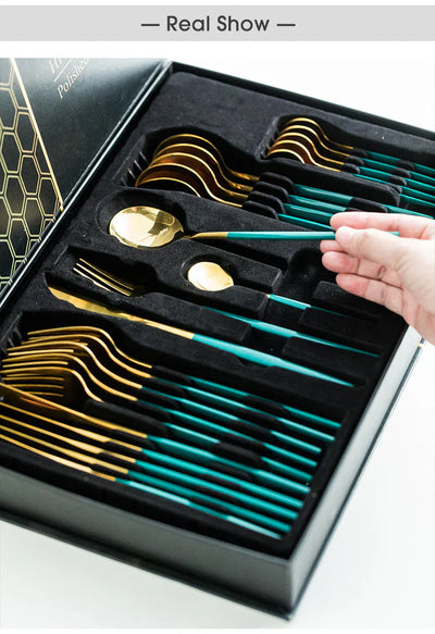 Green/Golden -24 PCs Premium Steel Cutlery Set