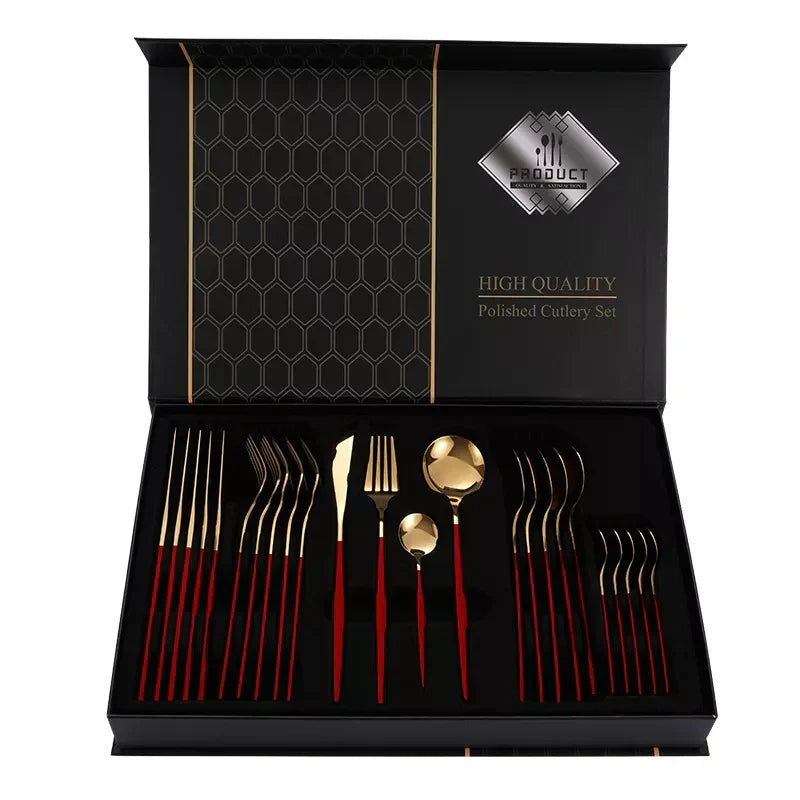 Red/Golden-24 PCs Premium Steel Cutlery Set
