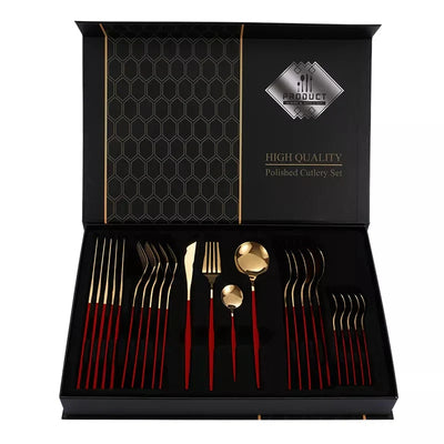 Red/Golden-24 PCs Premium Steel Cutlery Set