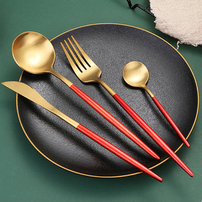 Red/Golden-24 PCs Premium Steel Cutlery Set